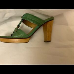 Frye Leather Platform Sandals Heels SZ 7.5 Green Brown Logo Open Toe